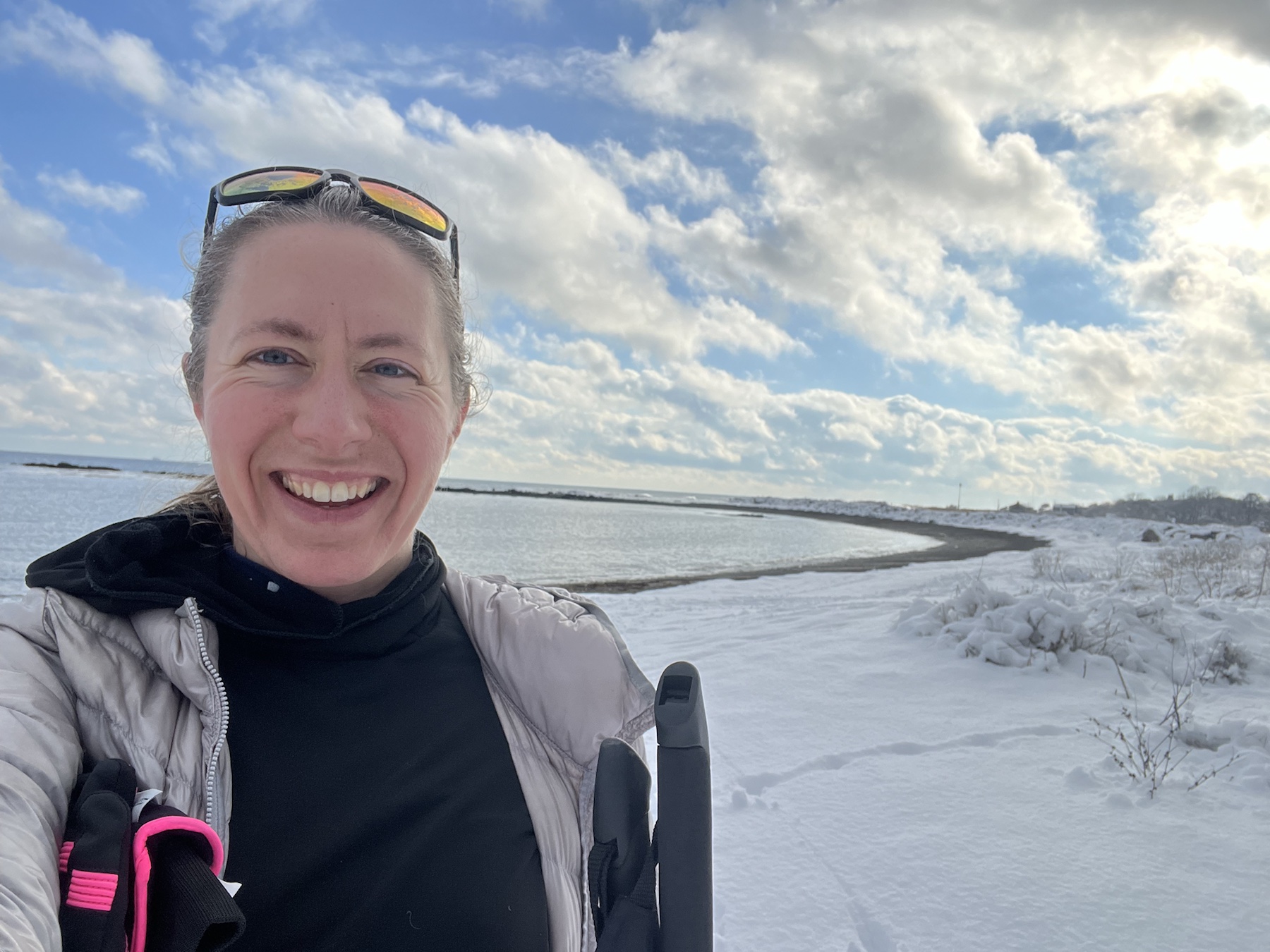 Kathryn on a snowy coastal trail